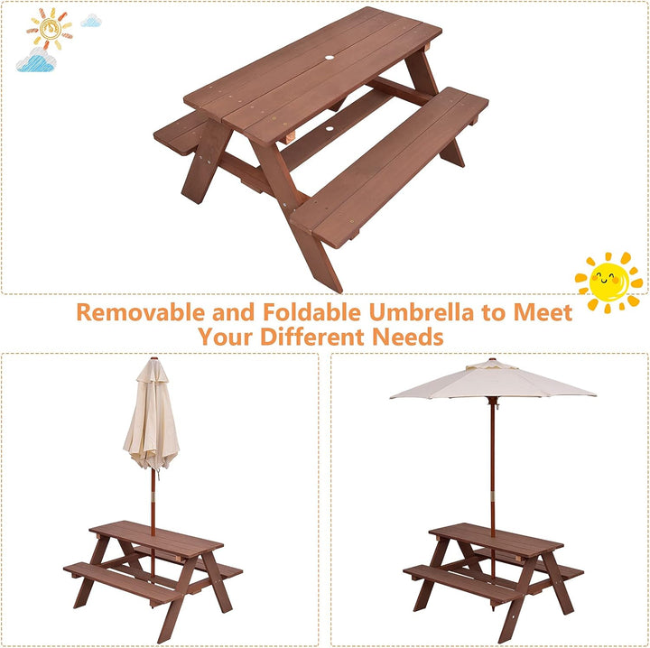 Kids Picnic Table, Fir Wood Kids Outdoor Table and Chairs with Removable Umbrella, Toddler Picnic Table for Patio, Backyard, Garden (Natural)