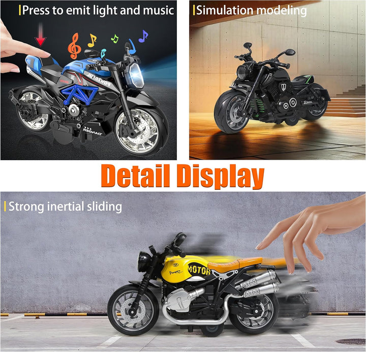 Alloy Metal Diecast Motorcycle Model Toy Set, 4 Pack of 1:12 Scale Die-Cast Motorcycles with Light&Sounds, Pull Back Function Toy Moto Bike for Kids Boys Girls and Collectors Ages 3 and Up