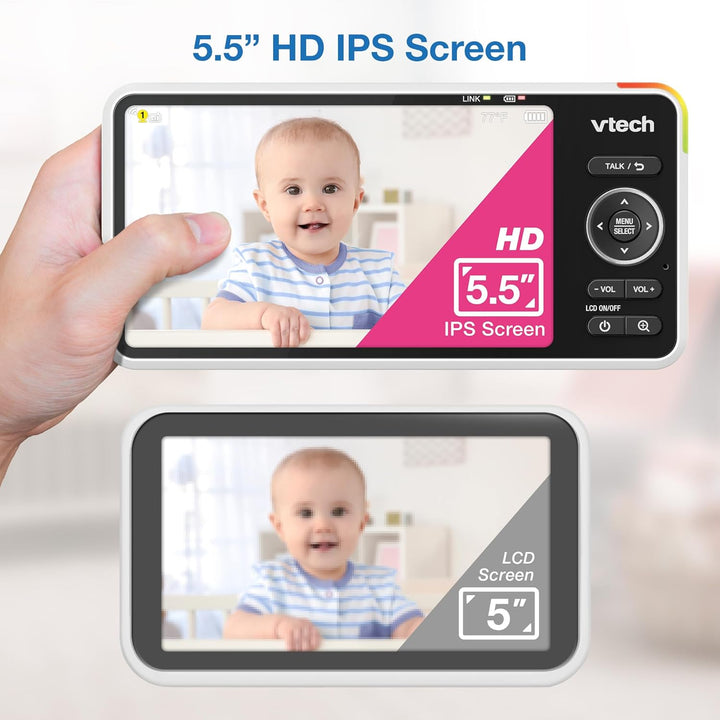 Smart Wifi Baby Monitor, 2K CMOS Sensor Camera, 5.5-Inch HD IPS Screen, Clear Infrared Night Vision, Pan-Tilt, 24X Zoom, 2-Way Talk, Multi-Color Night Light, Soothing, Free App: Smart HD Plus