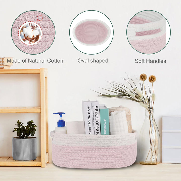 Small Woven Basket with Gift Bags and Ribbons, Empty Baby Gift Baskets, Shelf Storage, Small Cat Dog Pet Toy Boxes, 13”X 9”X 5.5”, Light Pink