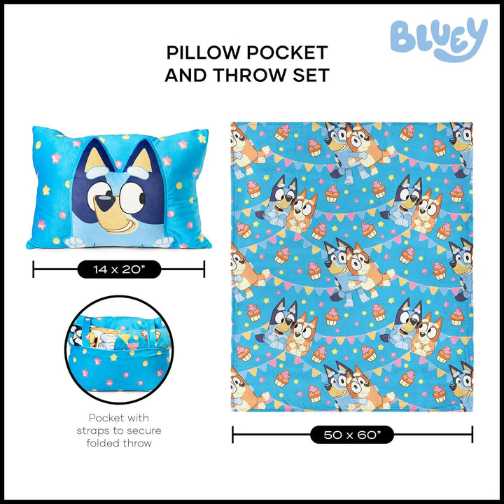 Bluey Party Pups Silk Touch Throw Blanket 50 X 60 Inches with Bluey Plush Pocket Pillow 14 X 20 Inches - Comfy & Cozy Bluey Blanket & Pillow Set for Boys and Girls