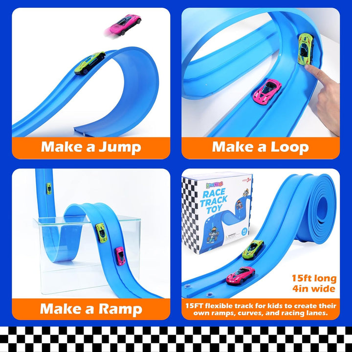 Flexible Race Track Toys for Kids: 15 Ft Flex Race Car Ramp Track with Suction Cups - Rolls up Portable DIY Racetrack Compatible with Diecast 1/64Th Cars Model - Birthday Gifts for Boys Girls Ages 3+