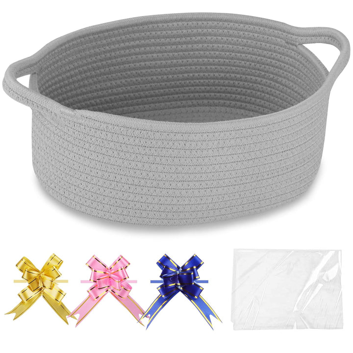 Small Woven Basket with Gift Bags and Ribbons, Gift Basket Empty, Cotton Rope Storage Organizer, Baby Toy Box with Handles, 12" X 8" X 5", Light Pink