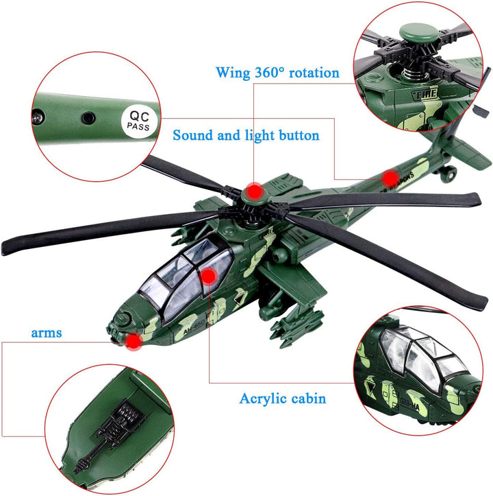 Military Helicopter Toy with Lights and Sounds, Pull Back Army Plane Airplane for Kids Children Boys Girls 11.2 Inch (Green)