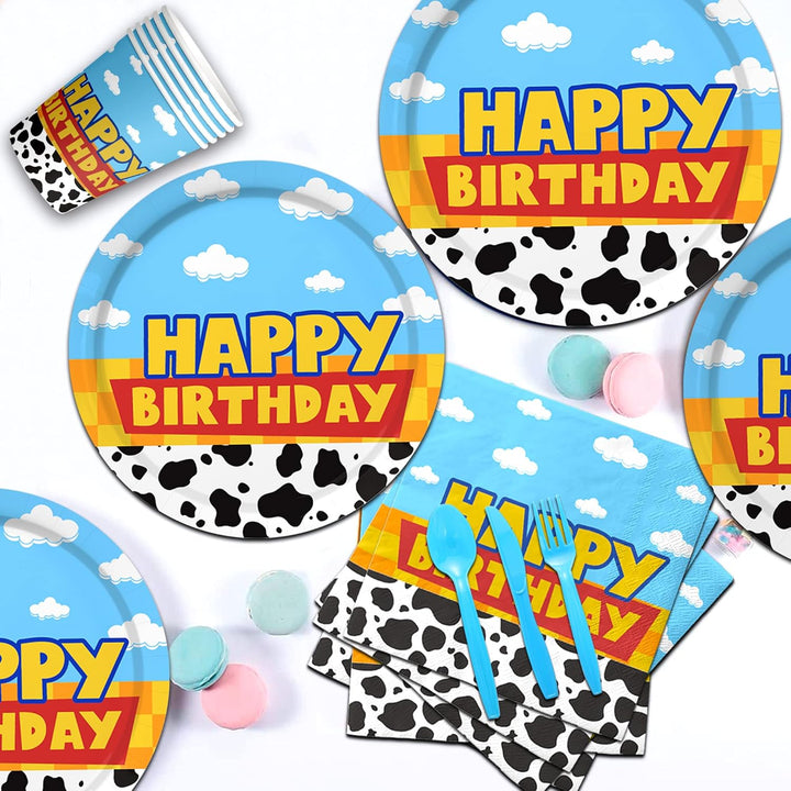 175Pcs Cartoon Birthday Party Supplies Cow Print Birthday Party Decorations Cartoon Plates and Napkins Tableware Set Blue Cloud Cow Print Party Supplies Kids 1St 2Nd 3Rd 4Th Party Decor