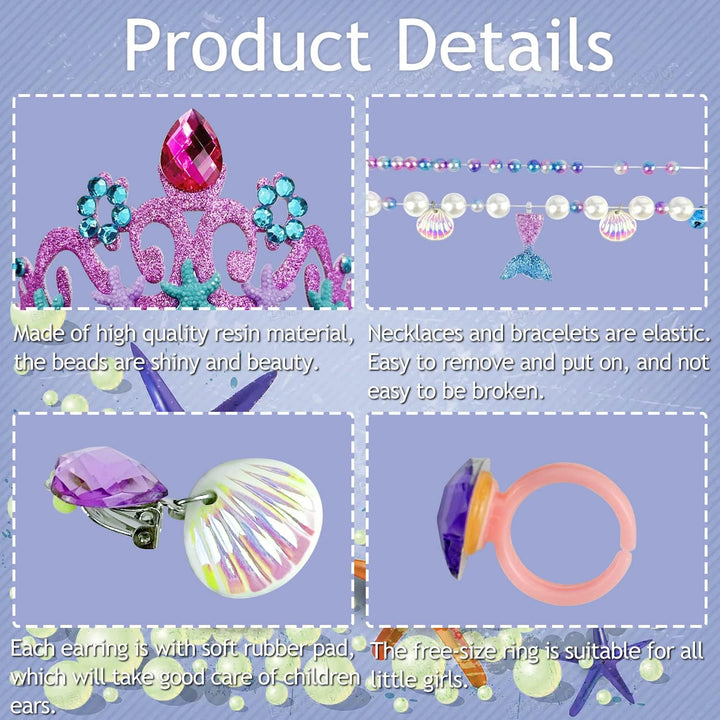 6Pcs Girls Princess Necklace Bracelets Ear Clips Set Mermaid Crown Pendant Colorful Plastic Princess Party Dress up Pretend Play Christmas Gift