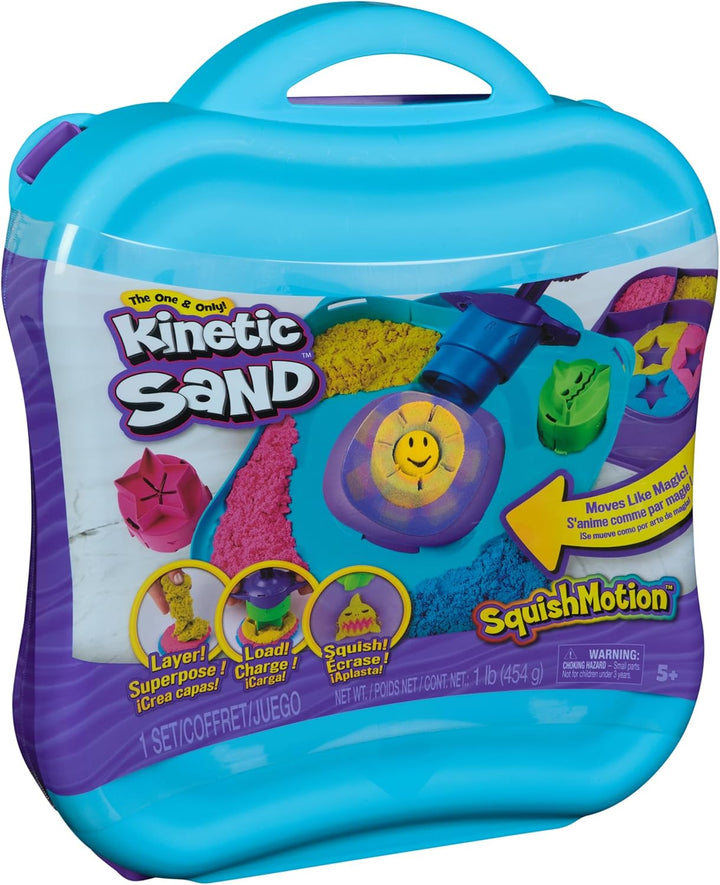 , Squishmotion with 1Lb Pink, Yellow & Blue Play Sand, Stamper & 5 Tools, Storage Case, Sensory Toys for Kids Ages 5 and Up