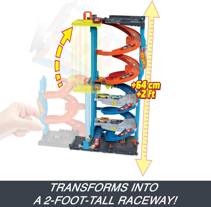 City Toy Car Track Set, Transforming Race Tower, Single to Dual-Mode Racing, with 1:64 Scale Vehicle, 2 Ways to Play