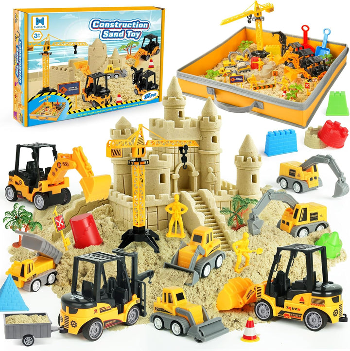 Sand Construction Site Kit - 37 Pcs Play Sand Art Kit with 8 Construction Trucks, Folding Sandbox, 2.2 Lbs Magic Sand, Crane, Worker, Road Signs, Molds, Shovel - Ideal Toys for Boys Girls Age 3+