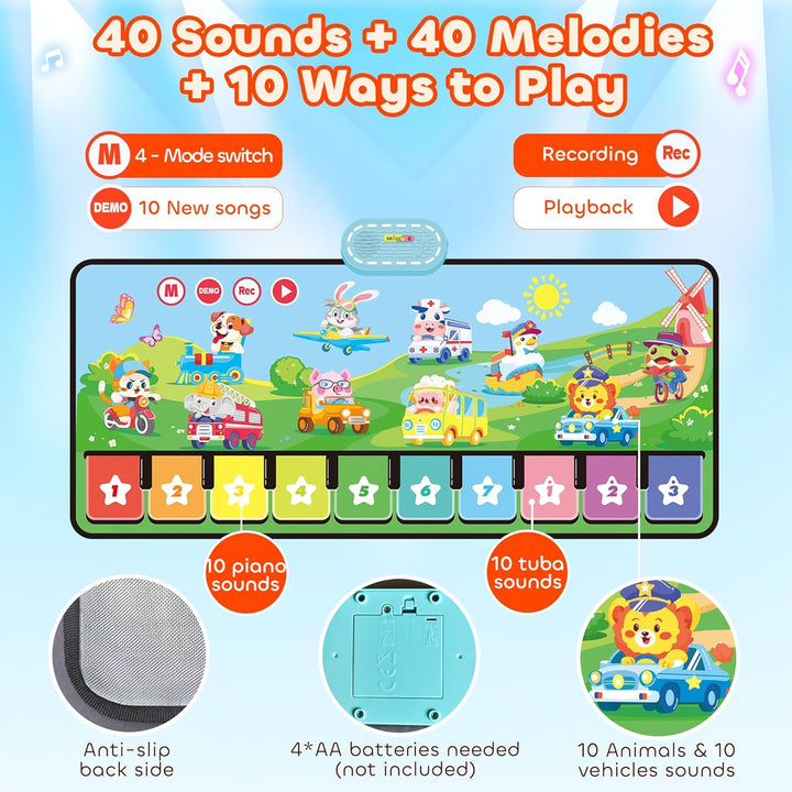 Piano Music Mat with 80 Sounds, Large Animal Car Touch Blanket Playmat Carpet Musical Toddlers Toys 1-3, Floor Keyboard Dance Sensory Educational Mat Boys Girls Gifts for 1 2 3 4 5 Years Old