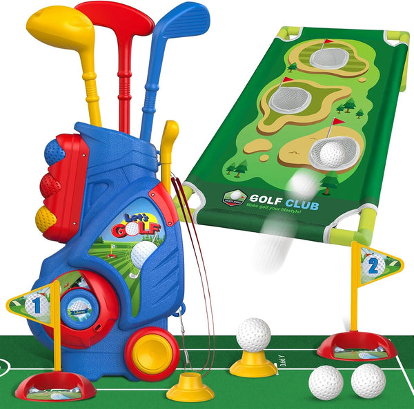 Toddler Golf Set for 2 3 4 5 Years Old Boys Girls, Upgraded Kids Golf Cart with Golf Cornhole Board & Putting Mat, Indoor and Outdoor Golf Toys Birthday Gift