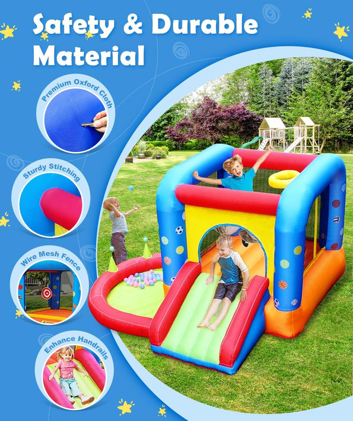 Inflatable Bounce House, Kids Castle Slide Bouncer for Children Jumping Outdoor and Indoor Party, Baby Backyard Water Jumper Toy with Blower, Ball Pit Pool, Ideal Gifts（112 X 98 X 65”）