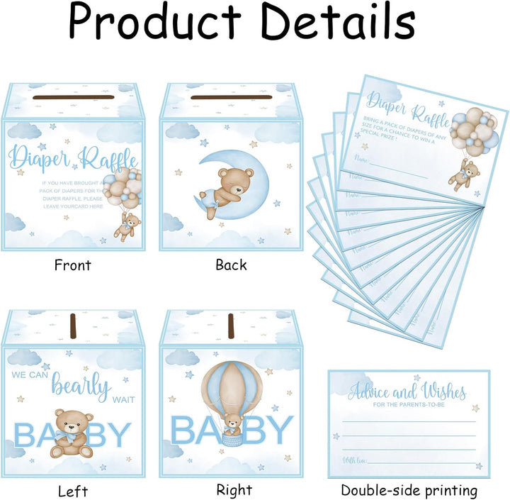 51 Pcs Bear Diaper Raffle Tickets with Diaper Raffle Card Box for Baby Shower Supplies, Blue Bear Themed Insert Card, Advice and Wishes Insert Ticket