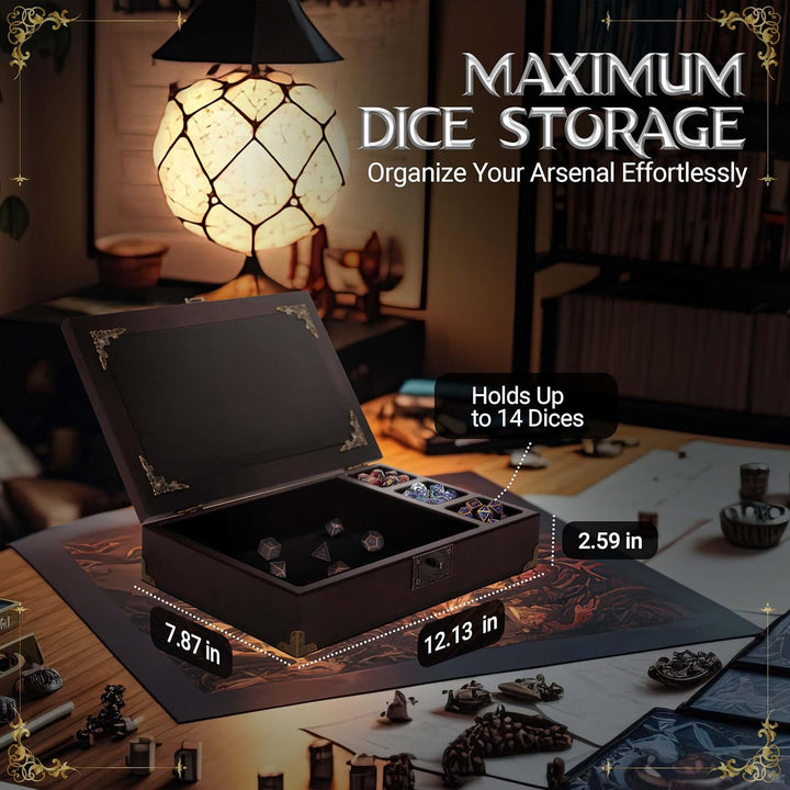 DND Dice Tray 3 in 1 - Dice Box with D&D Dice Metal - Wooden Dice Tray | DND Dice Box with DND Journal for RPG Table Games (200 Page) - DND Set for Dungeons & Dragons Players -