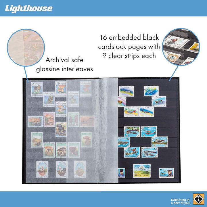 – “BASIC” Hard Cover Stockbook for Stamps – 16 Black Cardstock 9”X12” (A4) Pages with Clear Strips - Black