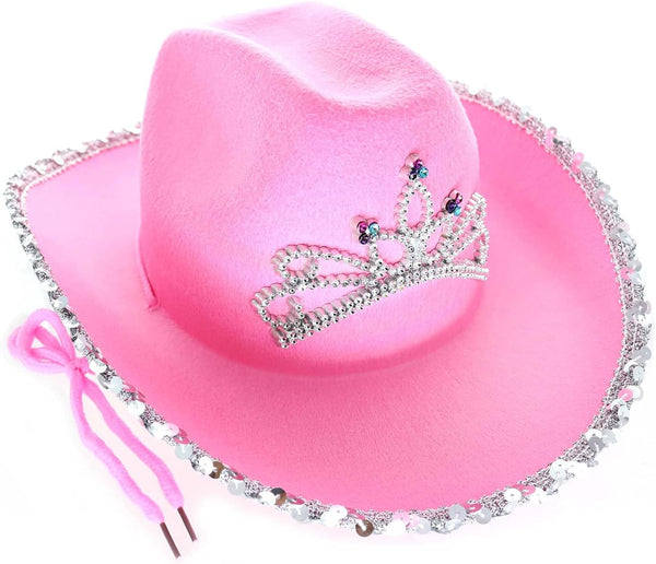 Pink Cowboy Hat with Tiara - CHILD SIZE, Pinky Felt Cowboy Hat for Western Costume, Cowgirl Pretend Plays
