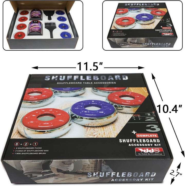Shuffleboard Pucks and Sand Set - 2 1/8" Table Pucks with 2 Cans Wax, Mini Brush and Dustpan