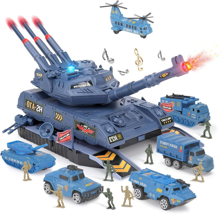 6-Piece Die-Cast Army Tank Set for Boys 3-6, with 8 Soldier Figures, Military Toys with Light & Sound, Launchable Missile Tanks