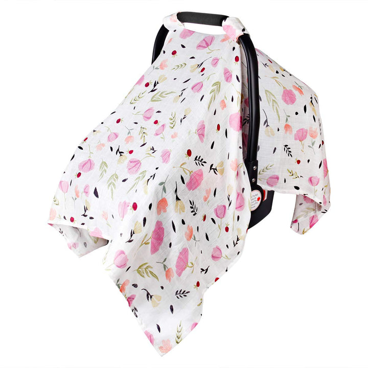 Muslin Carseat Cover for Babies,  Breathable Infant Carseat Cover Lightweight Baby Carrier Cover for Girls Boys, Fit Spring Summer/Hot Days/Warm Weather, Pink Floral