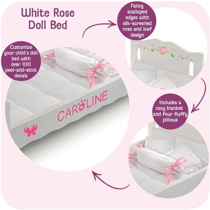 Wooden Doll Bed with Blanket and Pillow with Free Personalization Kit - Fits 18" to 20" Dolls - Ideal for Baby Dolls and Pretend Play Fun - White and Pink Rose Design