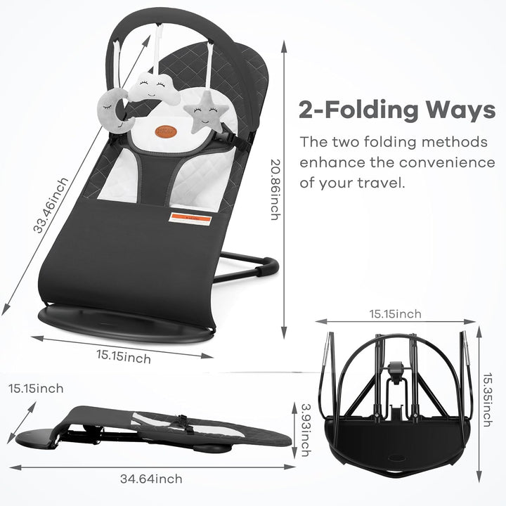 Baby Bouncer, Portable Baby Bouncer Seat for Babies 0-18 Months, 100% Cotton Fabrics, 3 Modes of Use with Rocker and Stationary Options, Infant Rocker Chair with Hanging Toys-Dark Grey
