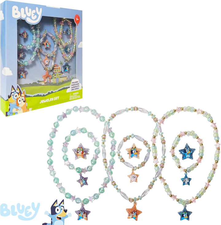 Bluey Girl'S Jewelry Set - Dress up Toy Jewelry Box Set with Bead Necklace, Bracelet and Ring - Play Accessories - Ages 3+