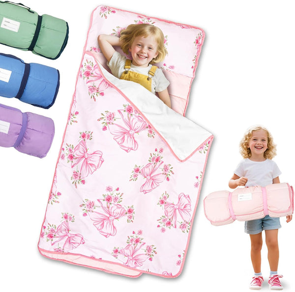 Lightweight Toddler Nap Mat Perfect for Warm Sleepers, Portable Sleeping Bag with Removable Pillow and Fleece Blanket, Washable, Great for 3 Seasons, Daycare, Preschool, Boy and Girls