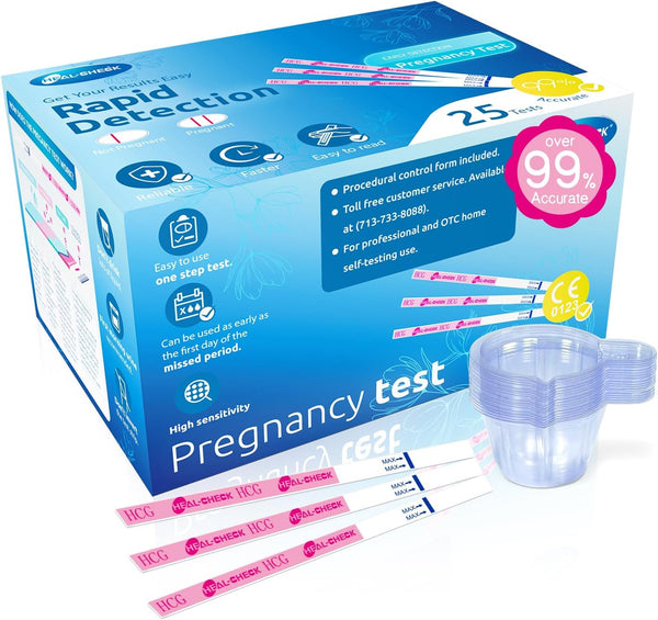 Pregnancy Tests with Cup,  Bulk Pregnancy Test Strips for Home Detection, over 99% Accuracy, Individually Wrapped, Extra-Wide 5Mm HCG Test Kit Comfortable Grip, 25 Count, Pruebas De Embaraz