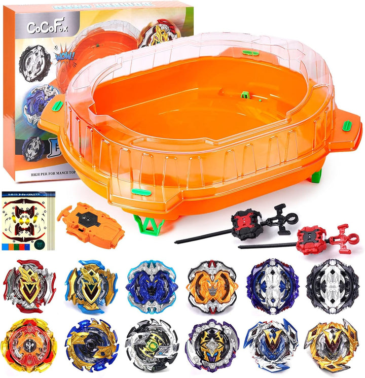 Battling Top Burst Toy Set, 6 Battling Tops 2 Launchers and 1 Stadium, Toys for 6 Year Old Boys & Girls & Up（Orange）