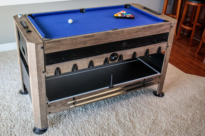 56” 4-In-1 Swivel Multi-Game Table - Air Hockey, Billiards, Foosball, Ping Pong - Rustic Wood Grain Finish, Brown