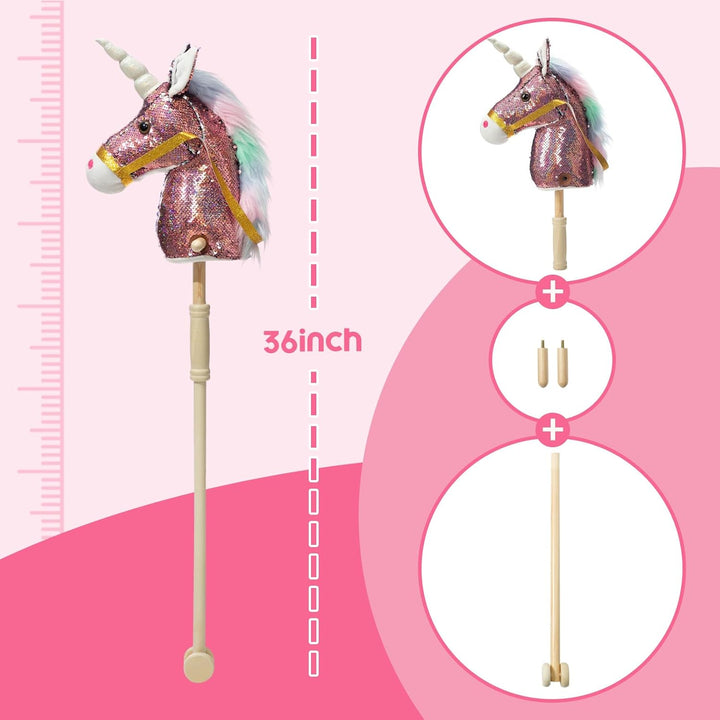 Sequin Unicorn Stick Horse Handcrafted Hobby Horse on a Stick with Wood Wheels Real Pony Neighing and Galloping Sounds Plush Unicorn Toy Pink 36 Inches(Aa Batteries Required)