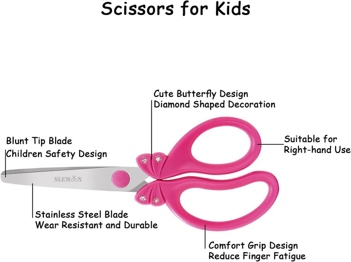 Scissors for Kids Ages 4-8 | Blunt Tip Safety Toddler Scissors, Stainless Steel Blades, ABS Plastic | School Craft Supplies, Art Projects, Pink (Princess Design with Rhinestones)