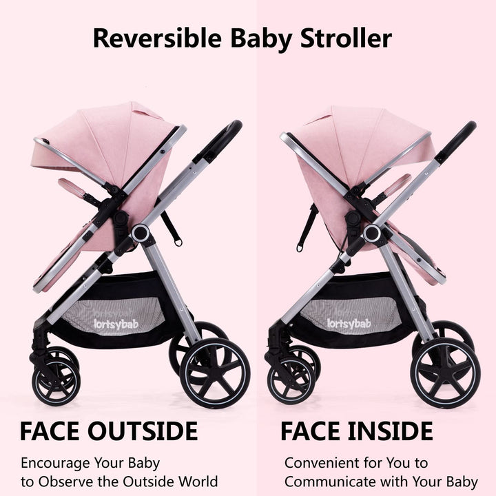 2-In-1 Baby Stroller with Bassinet Mode - Folding Infant Newborn Pram Stroller with Reversible Seat - Toddler Strollers for 0-36 Months Old Babies (Pink)