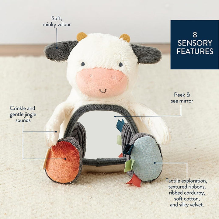 Sensory Tummy Time Toy Mirror - Features Crinkle & Jingle Sounds, Multiple Textures and Mirror for Self-Discovery, Infant Toy for Ages 0 Months and Up, Cow