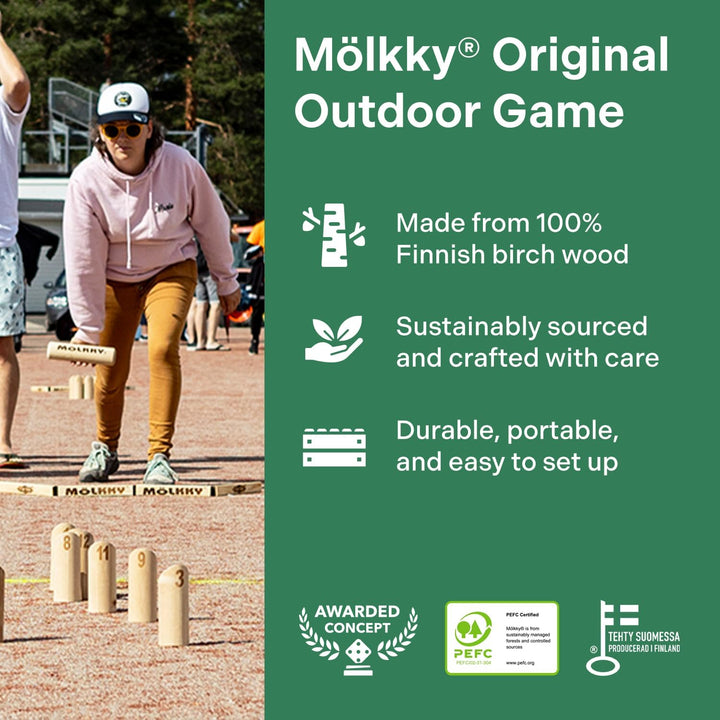 Original - Wooden Throwing Games for Outdoor, Yard, Garden, Picnic, Beach, Leisure, Party - Birch Wood 12 Skittles, 1 Stick, Molkky Yard Game Set for Family, Groups, 2+ Players, 6+ Age