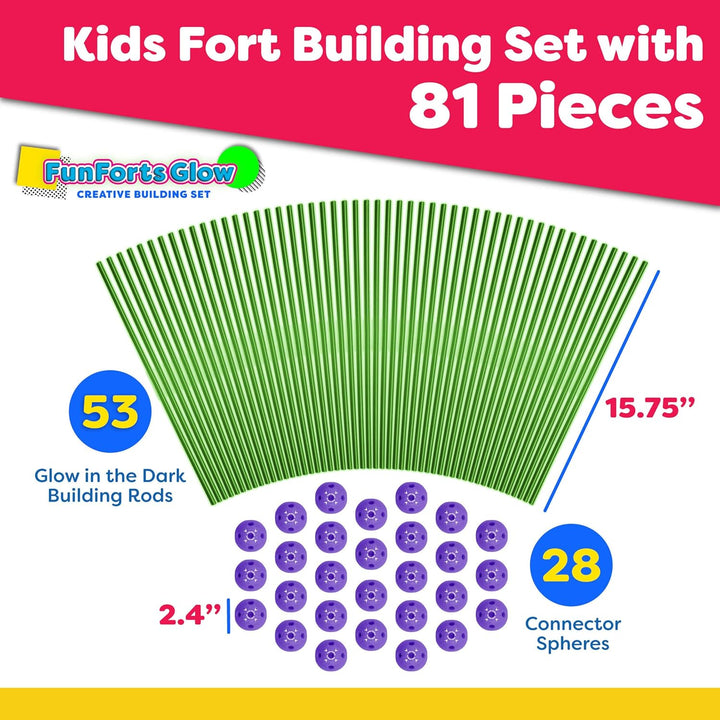Fun Forts Glow Fort Building Kit for Kids - 81 Pack Glow in the Dark STEM Building Toys Indoor Outdoor Play Tent for Kids Construction Toys with 53 Rods and 28 Spheres