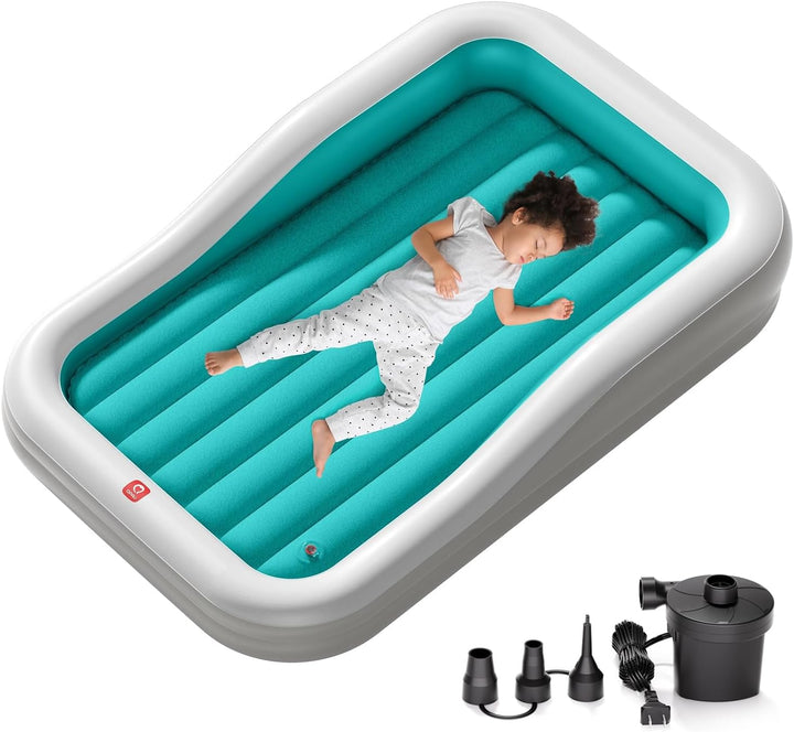 Inflatable Toddler Travel Bed with 3-Sided Safety Bumpers, Extra Large Kids Air Mattress, Includes Fast Electric Pump & Detachable Mattress, Portable for Camping, Travel, Home Use (Grey)