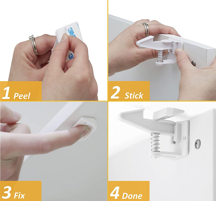 12 Pack Cabinet Locks Child Safety | Baby Safety Cabinet Locks NO Drilling 3M Adhesive Baby Proof Drawer Lock Child Proofing Cabinets Latches for Kids Latch for Drawers & Door Child Safety Locks