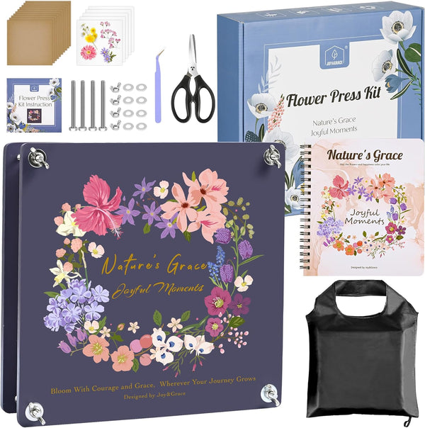 Flower Press Kit for Adults & Kids, with Designed Cover and DIY Album, 10.9" X 10.9" 10 Layers Flower Preservation Kit, Plant Press and Large Plant Drying Toolkit (Color Box, Purple Navy)