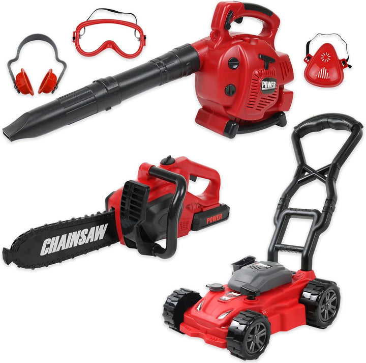 Kids Leaf Blower, Toy Chainsaw, and Lawn Mower Set | Realistic Toddler Landscaping Power Tools with Sound and Action| Includes Safety Goggles Mask and Earmuffs