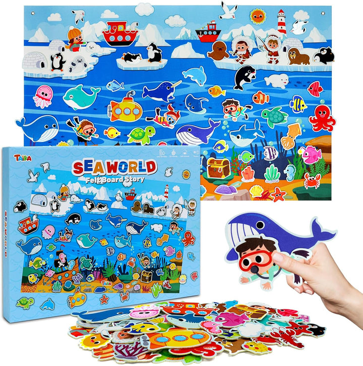 70 Pcs Ocean Felt Story Board Set, 43X28 Inch Interactive Felt Board, Fuzzy Flannel Board, Preschool Storytelling, Classroom Educational Learning Play Kit, Interactive Teaching Kit for 3 Years +