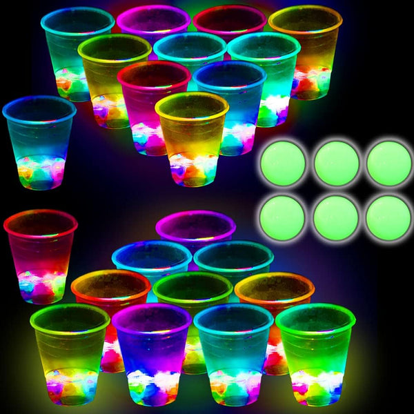 Glowing Party Beer Pong Game for Indoor Outdoor Party Event Fun, Pack with Flashing Color Bright Glow-In-The-Dark Colors for House Parties Birthdays Concerts Weddings BBQ Beach Holidays