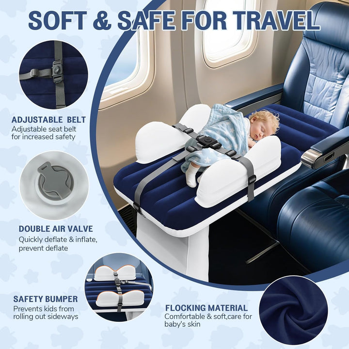 Inflatable Toddler Airplane Bed:Airplane Seat Extender for Kids, Inflatable Baby Air Mattress with Cup Holder & Seat Belt, Plane Bed for Travel Essentials