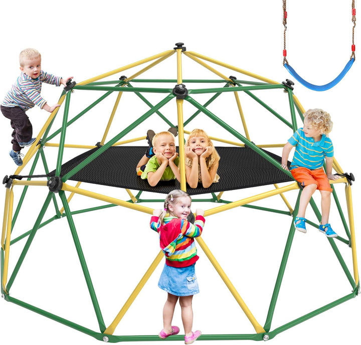 Climbing Dome, 10FT Dome Climber with Hammock for Kids 3 to 10 Outdoor Play Equipment, Supports up to 1000Lbs Jungle Gym, Anti-Rust, Easy Assembly, Yellow+Green