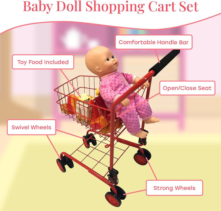 Toy Shopping Cart for Kids and Toddler - Includes Food - Folds for Easy Storage - with Sturdy Metal Frame (Red)
