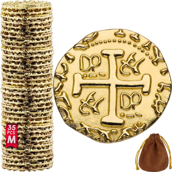 Gold Metal Pirate Coins - 35 Gold Treasure Coin Set, Metal Replica Spanish Doubloons for Board Games, Tokens, Toys, Cosplay - Realistic Money Imitation, Pirate Treasure Chest, Medium Size 7/8"