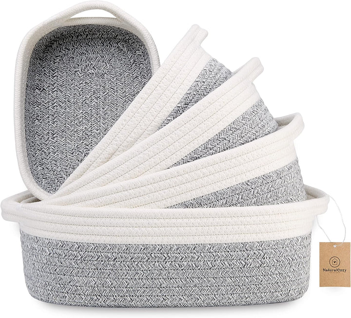 5-Piece Rectangle Storage Basket Set- Natural Cotton Rope Woven for Organizing! Small Basket for Montessori, Baby Nursery, Dog Toy Baskets, Cat Toy Box, Bathroom Organization Bin
