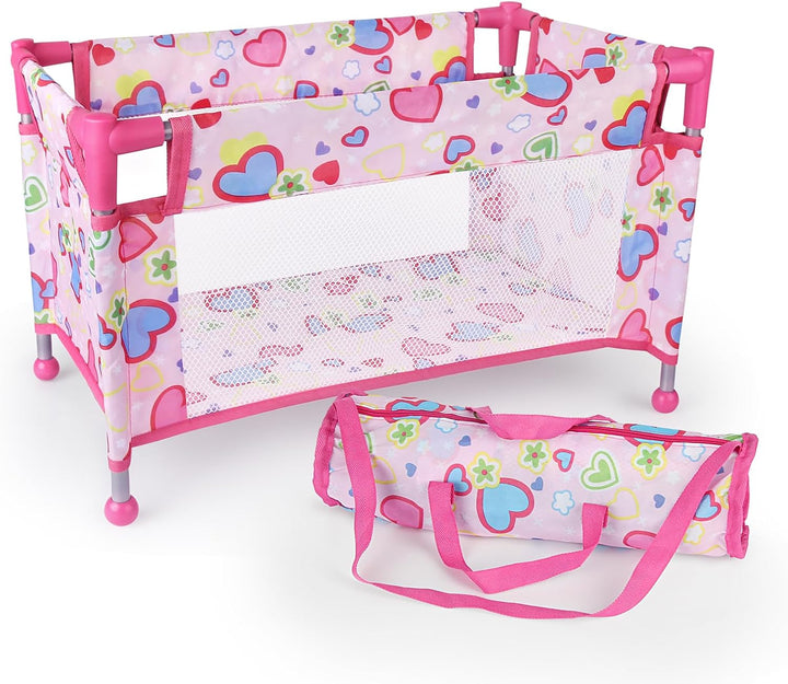 Toy Baby Doll Crib for 18'' Dolls, Cute Pink Heart Designed Baby Doll Bed with Carry Bag, Toy Crib Doll Furniture for 3 Years+ Girls