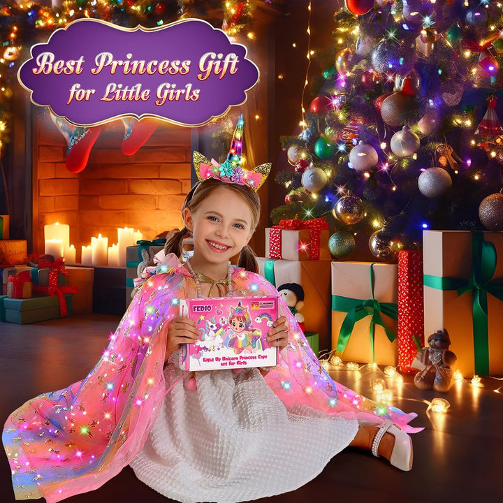 Princess Dress up for Girls,Unicorn Light up Princess Cape Set,Light up Princess Dress with Unicorn Toys for Girls 3-8 Halloween