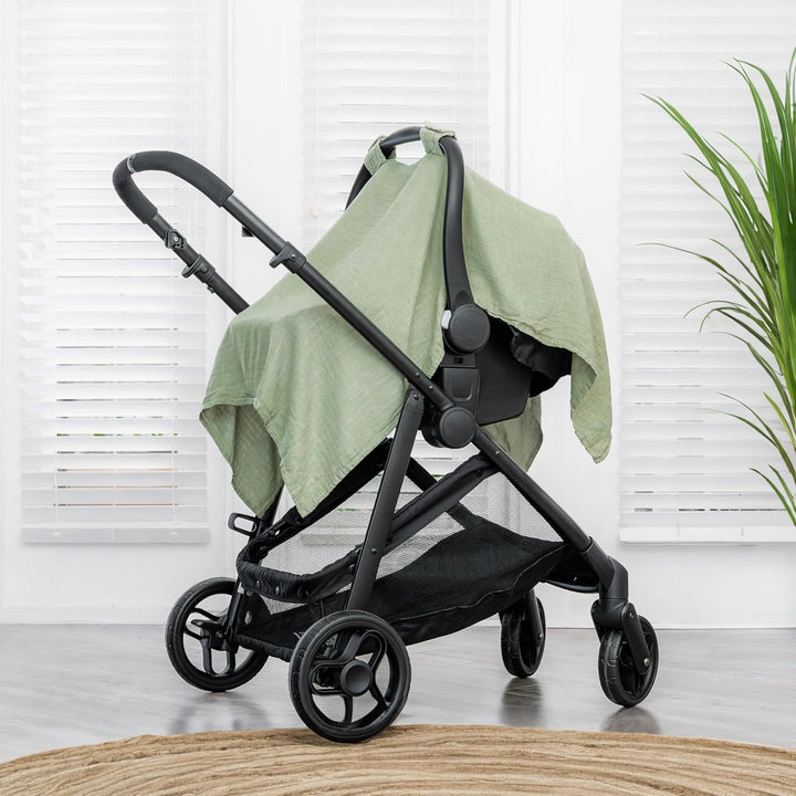 Baby Car Seat Cover - Soft, Breathable Bamboo Rayon and Muslin Cotton Blend - Lightweight Canopy for Sun, Bug, and Comfort Protection - Large Size Infant Seat Cover in Sage Design